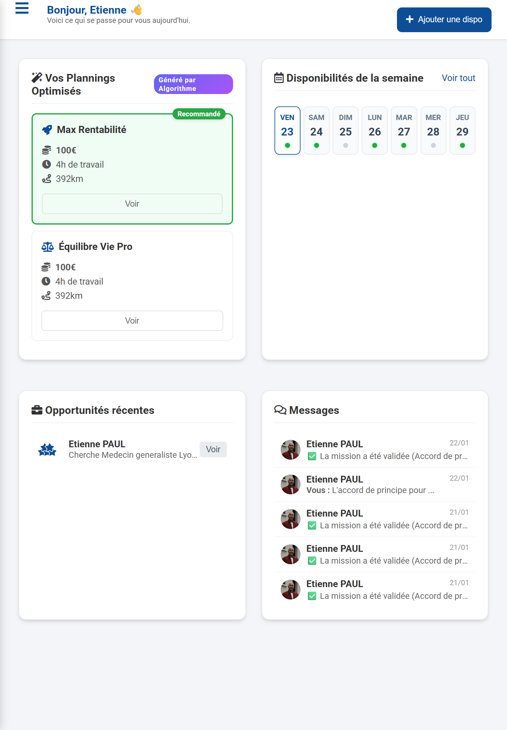 Interface Mixheures - Calendrier et missions